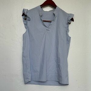 No Brand Women’s Medium Blue & White Striped blouse Ruffle Sleeves V Neck Blouse